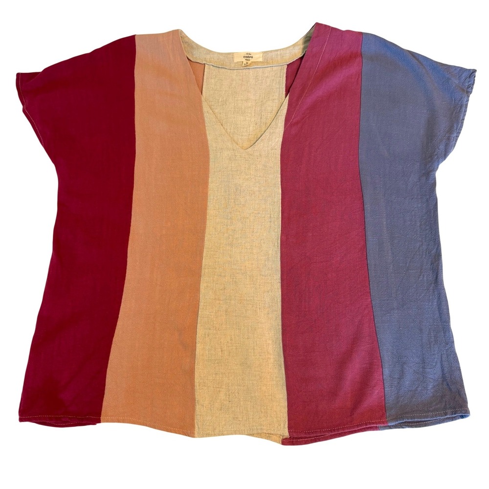 Entro V-Neck Top Women Medium Multicolor Excellent Linen Blend Colorblock T14488